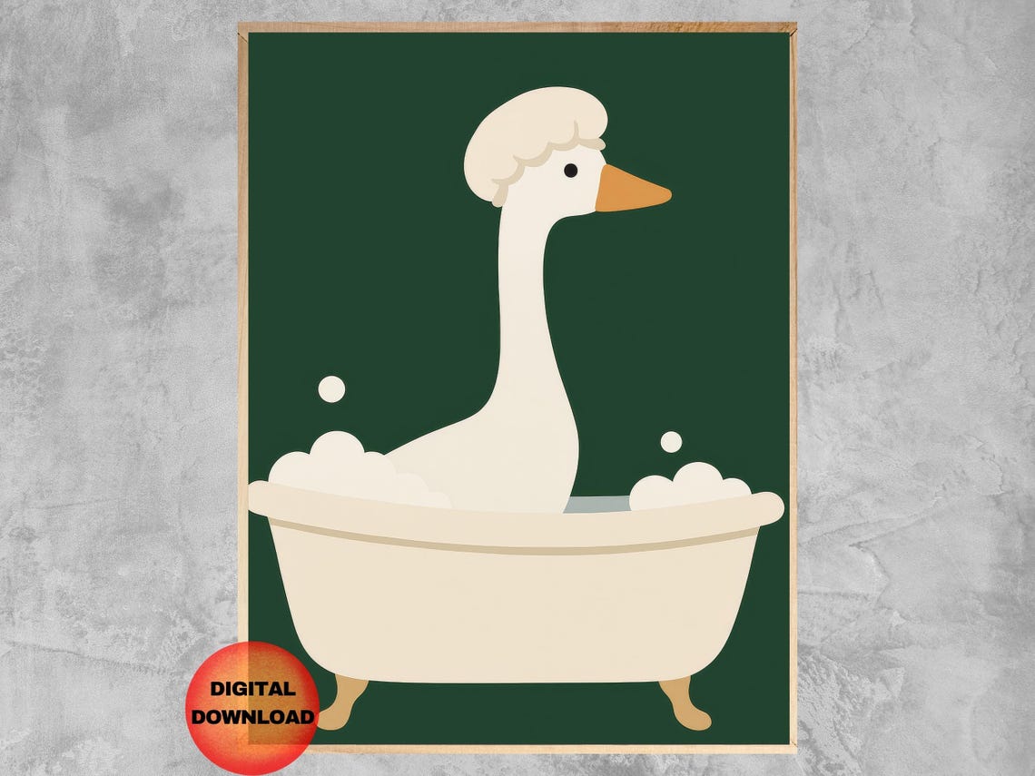 Funny White Goose in Bubble Bath Green Background Art Poster