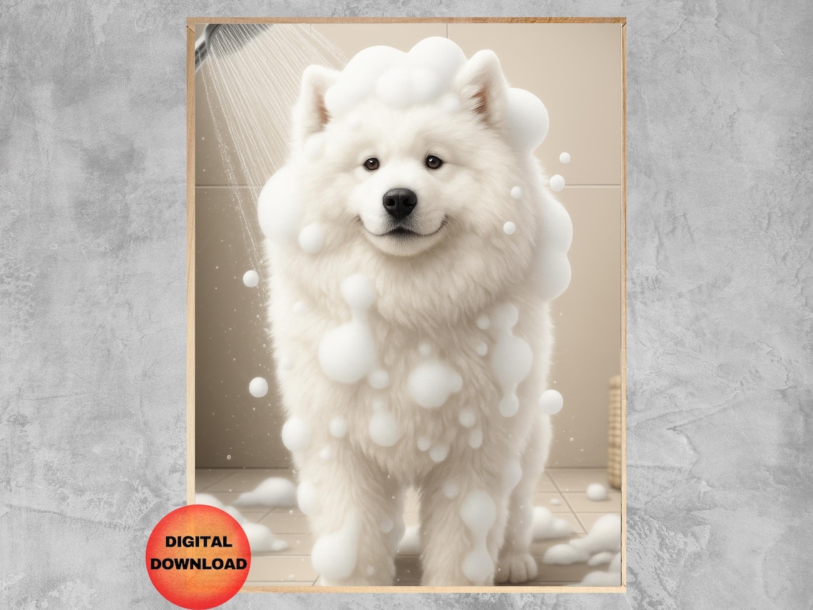 Samoyed Bathroom Humor Art Print, Dog Owner Gift