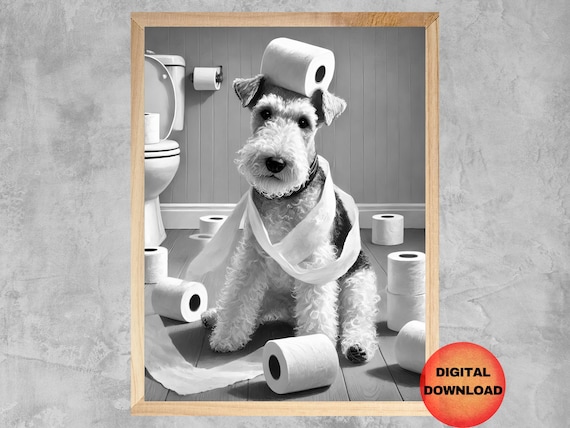 Black And White Wire Fox Terrier Toilet Wall Art Funny Dog Bathroom Paper Animal Print Pet Lover Gift