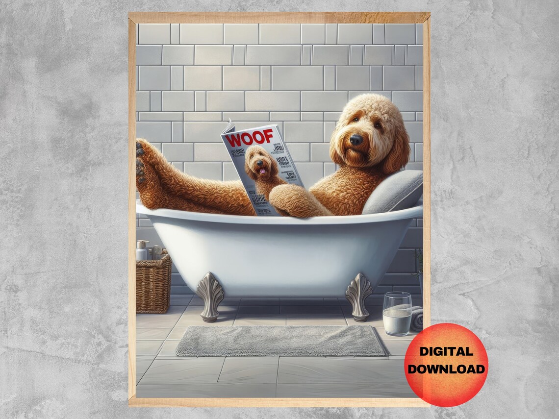 Goldendoodle Dog In Bathtub, Funny Bathroom Pet Portrait