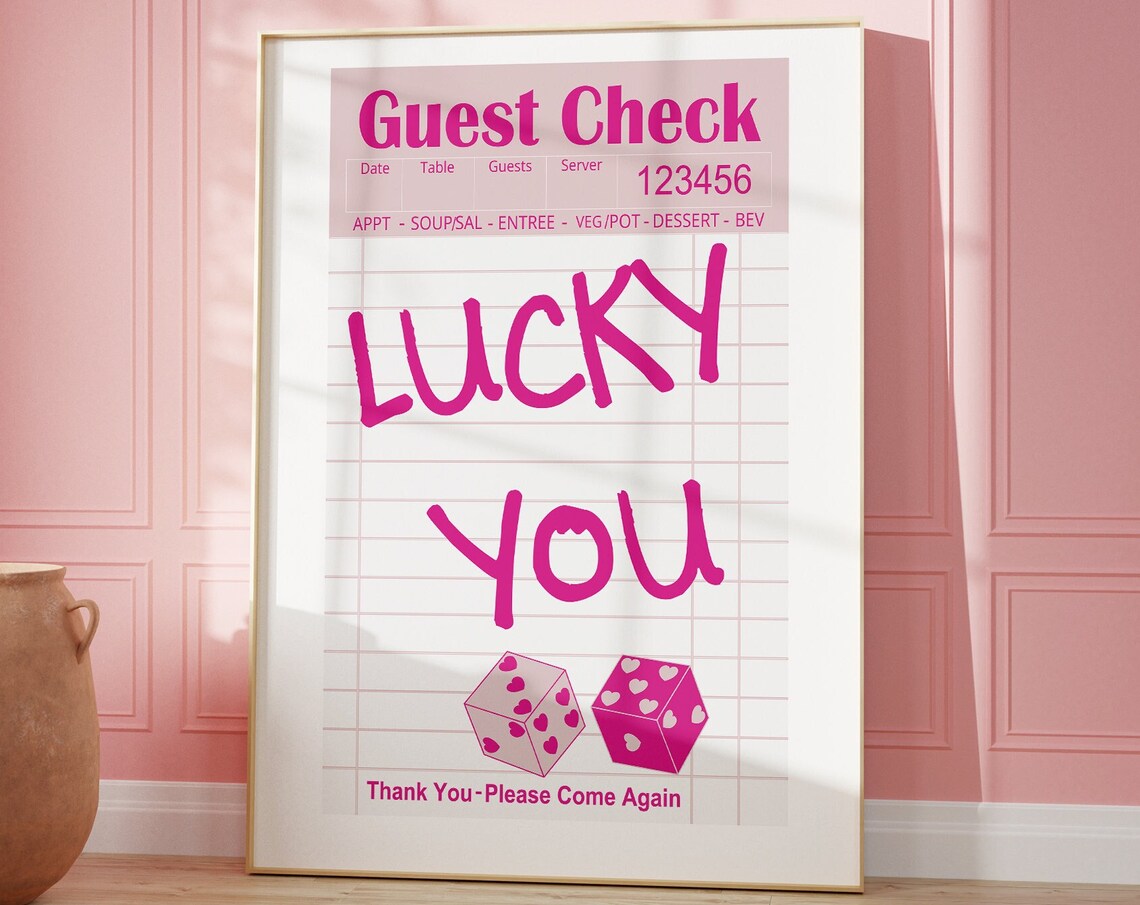 Lucky You Pink Guest Check Heart Dice Trendy Preppy Dorm Poster