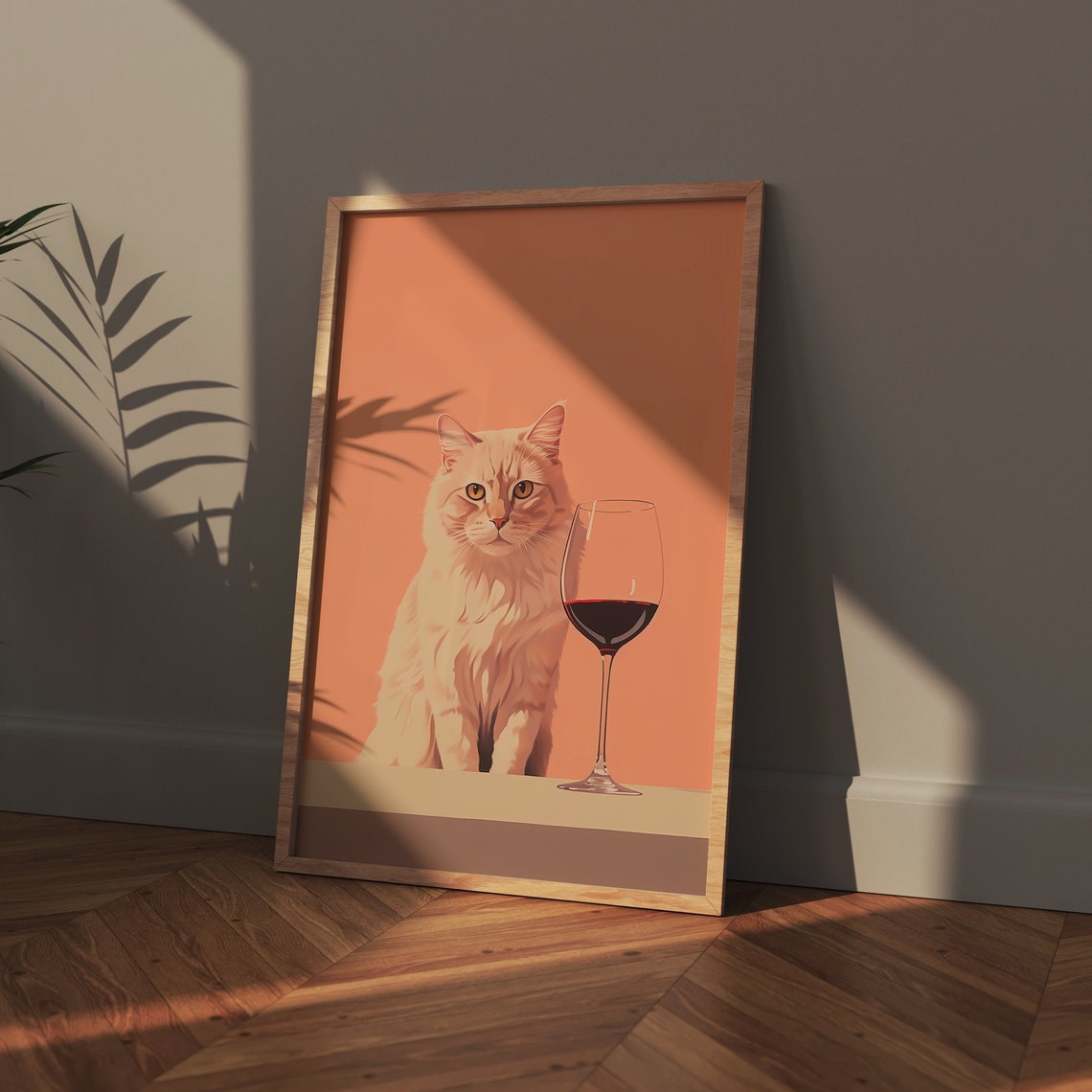 Fluffy Orange Cat With Wine Glass on Terracotta Background Poster