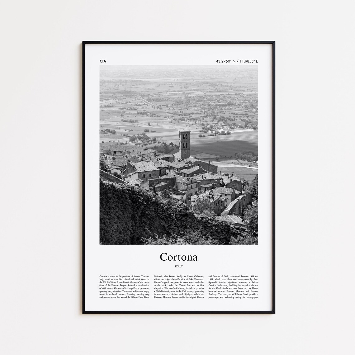 Cortona Italy Black and White Hilltop Town Tuscan Travel Poster
