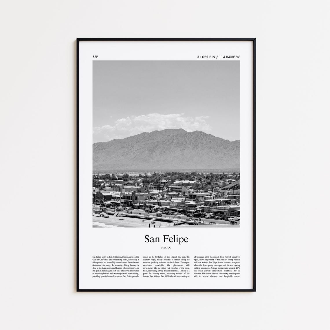 San Felipe Mexico Coastal Town Black and White Beach Photo Poster