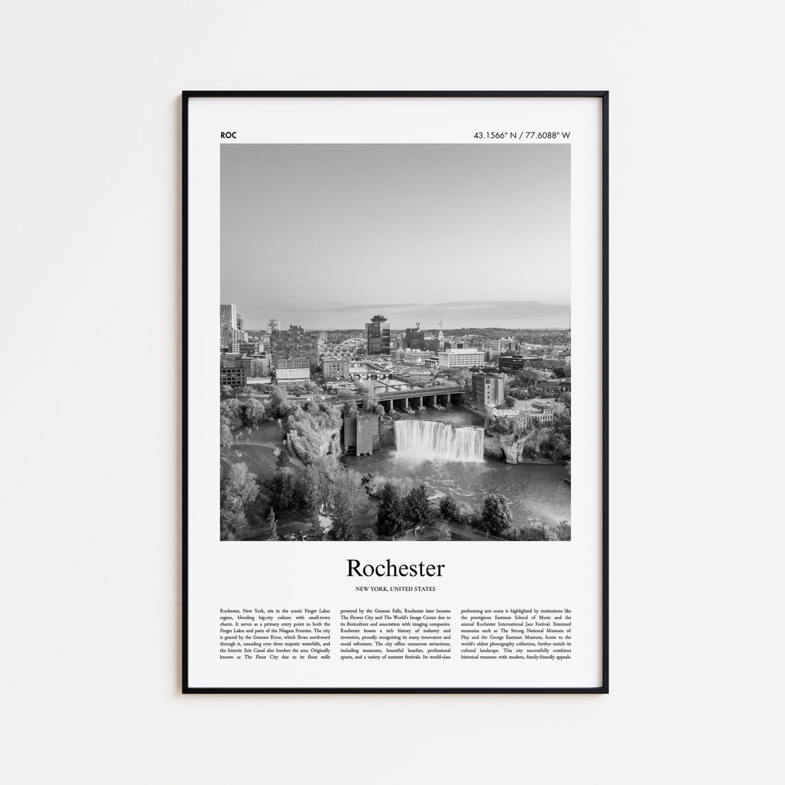 Rochester New York Black and White Waterfall City Skyline Poster