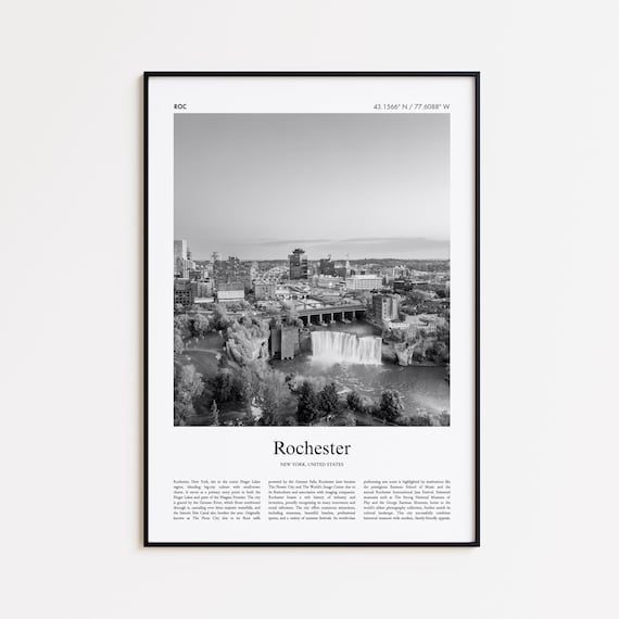 Rochester New York Black and White Waterfall City Skyline Poster