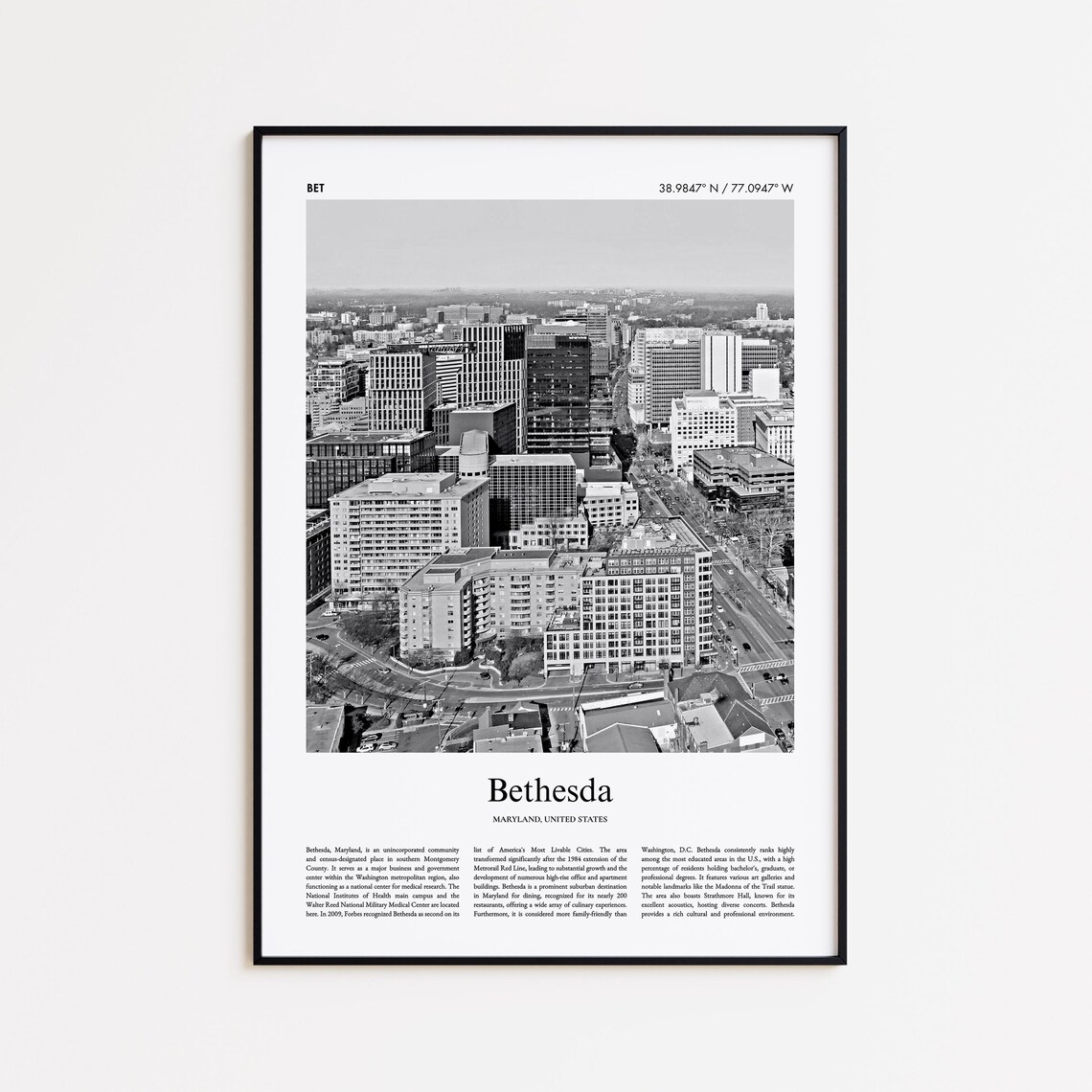 Bethesda Maryland Black and White Downtown City Travel Poster