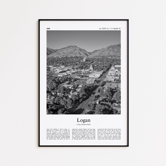 Logan Utah Aerial Mountain Valley Black And White Travel Poster