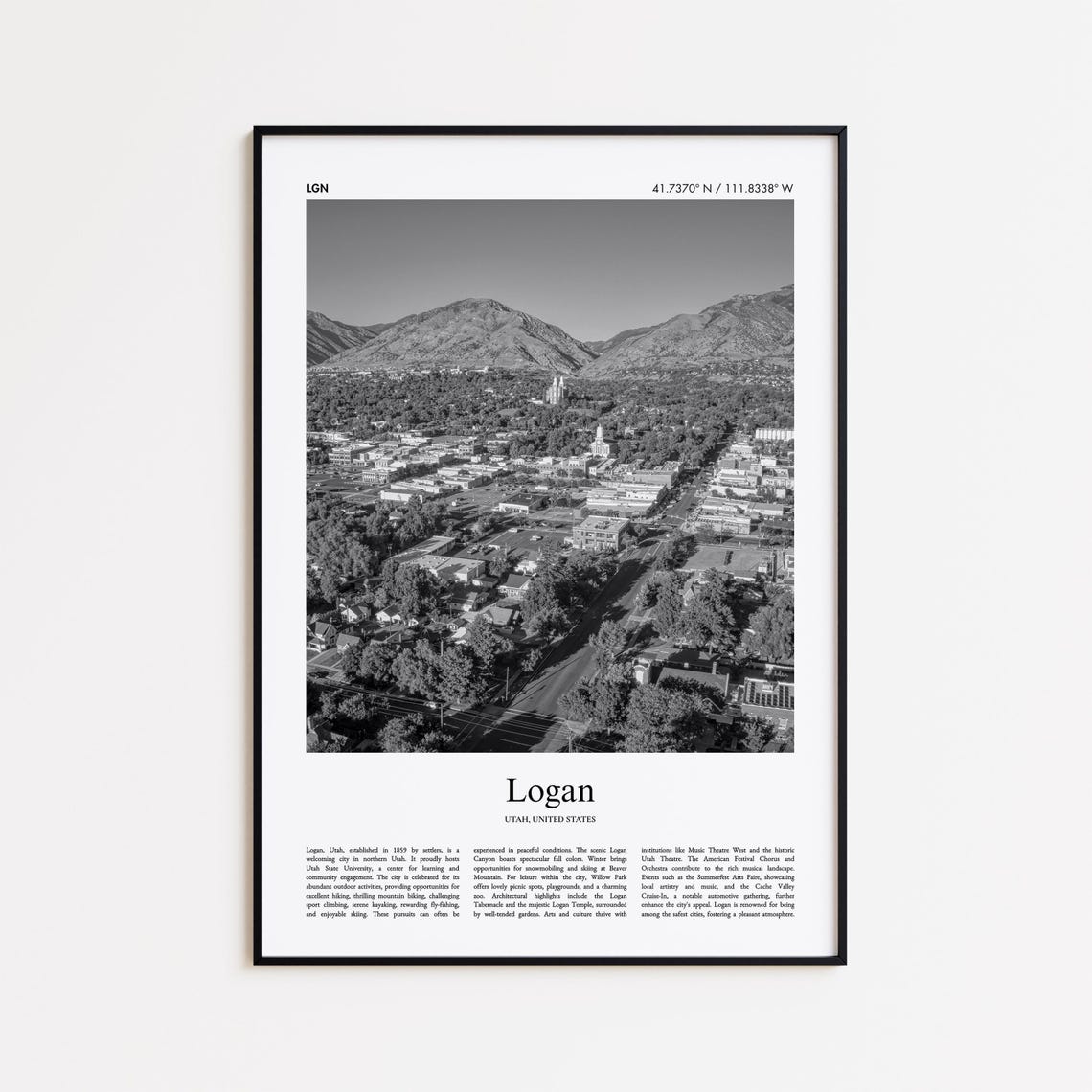Logan Utah Aerial Mountain Valley Black And White Travel Poster