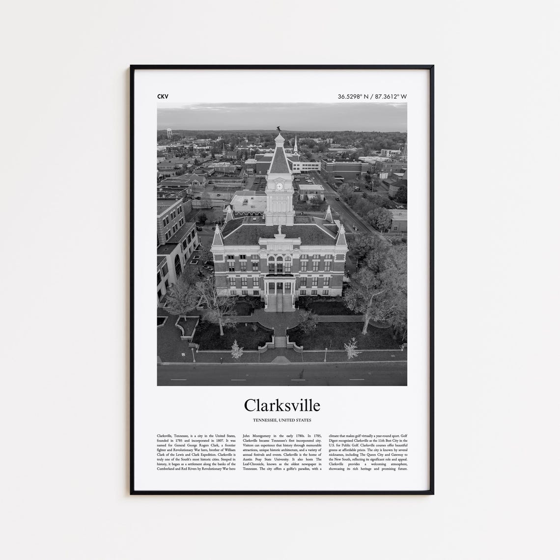 Clarksville Black And White Print Photo Poster Travel Gift Tennessee United States Usa Wall Art