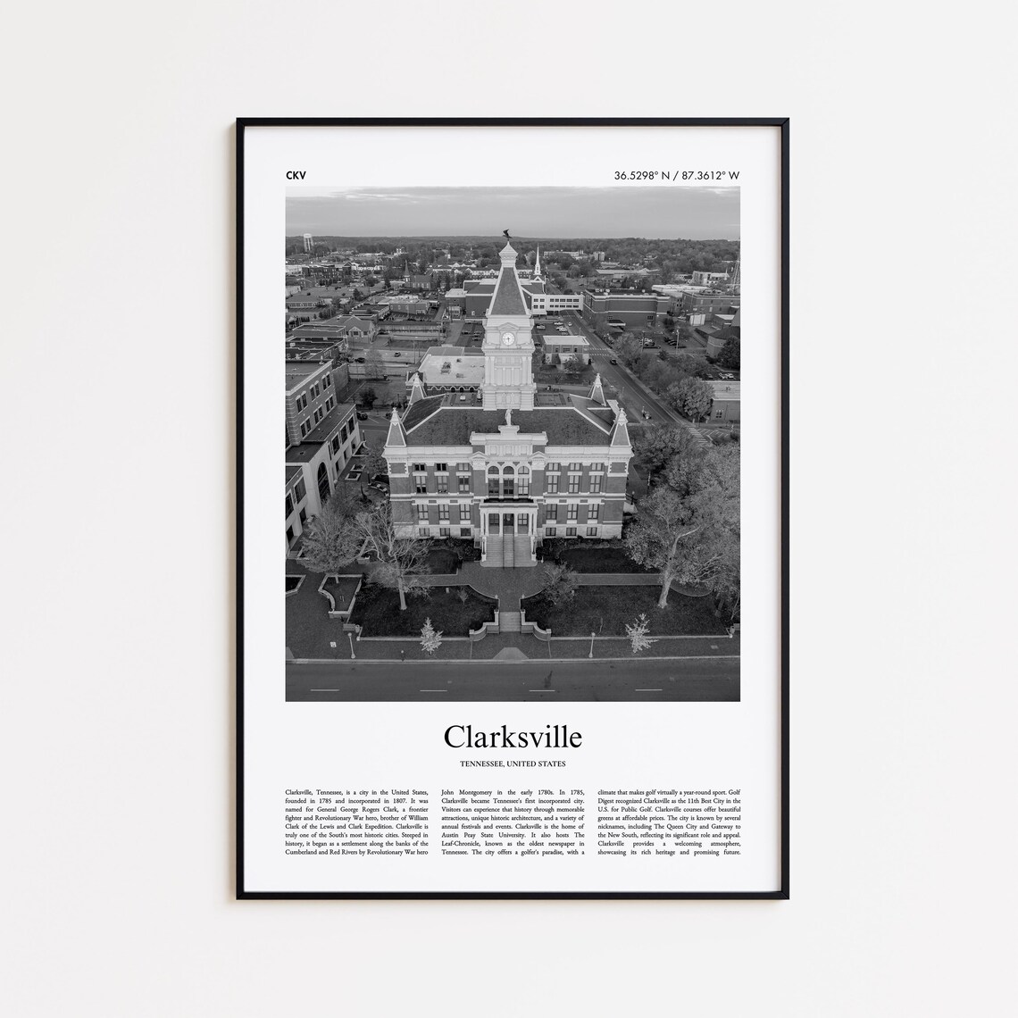 Clarksville Tennessee Aerial Black And White Photo Travel Poster