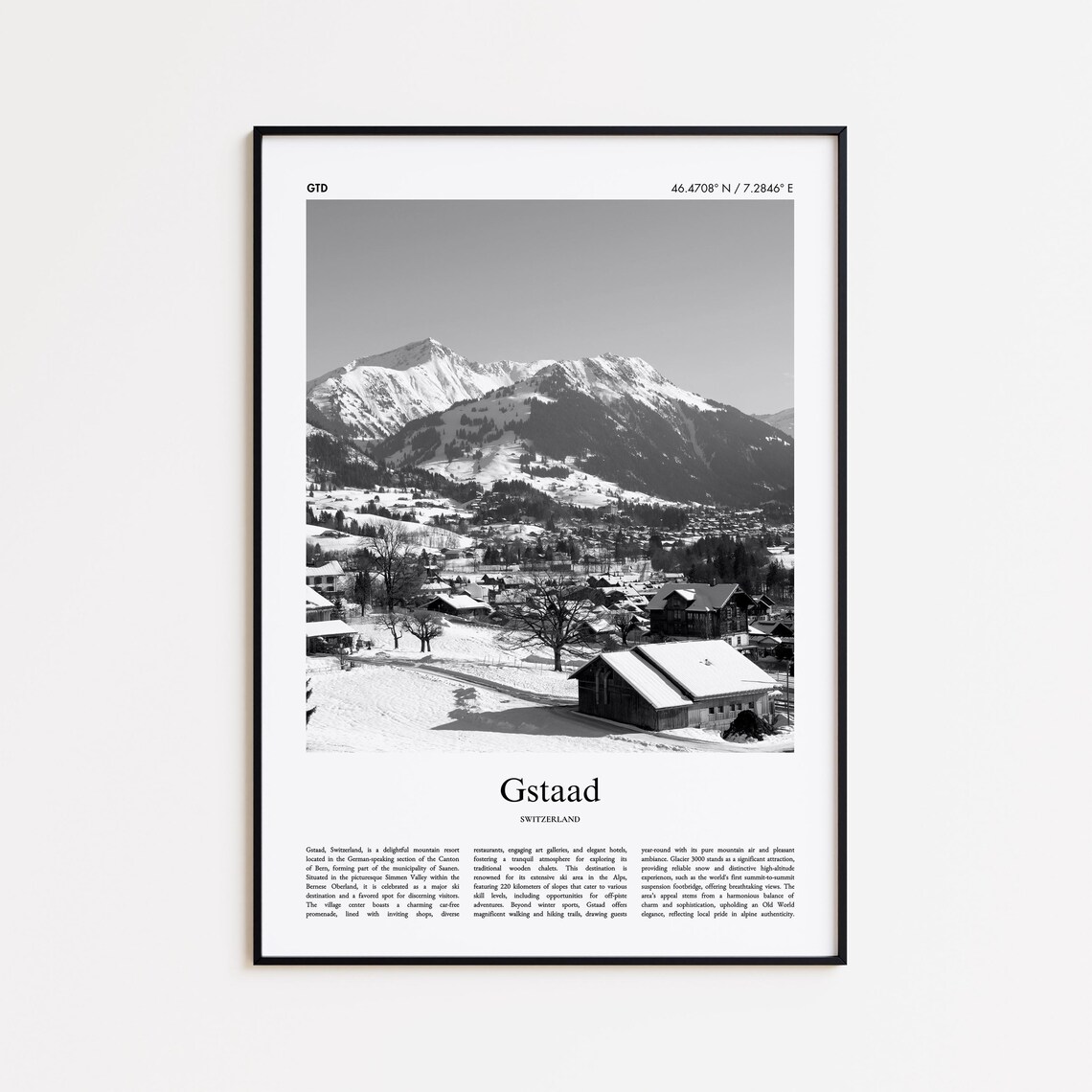 Gstaad Switzerland Snowy Alpine Village B&W Photo Travel Poster