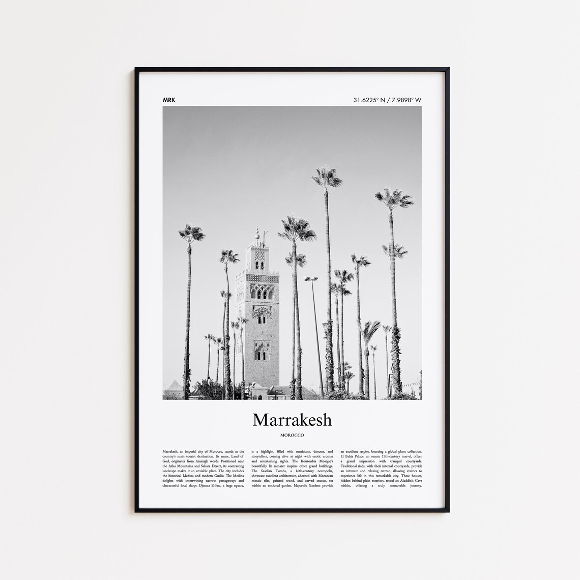 Marrakesh Morocco Black and White Palm Mosque Travel Photography Poster
