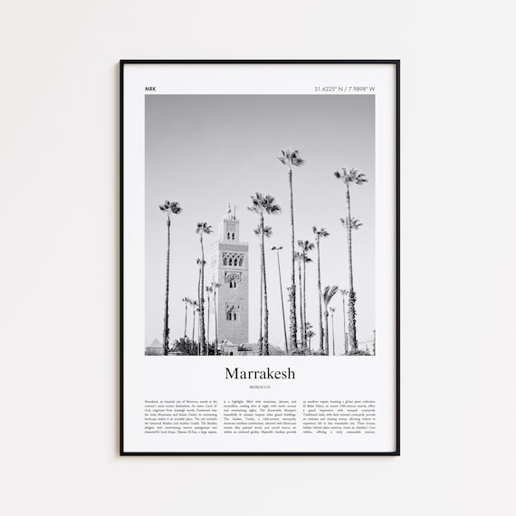 Marrakesh Morocco Black and White Palm Mosque Travel Photography Poster