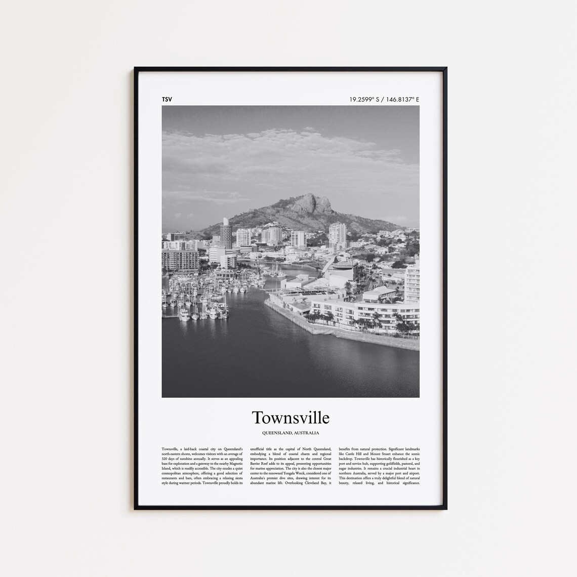 Townsville Waterfront with Castle Hill Black and White Travel Poster