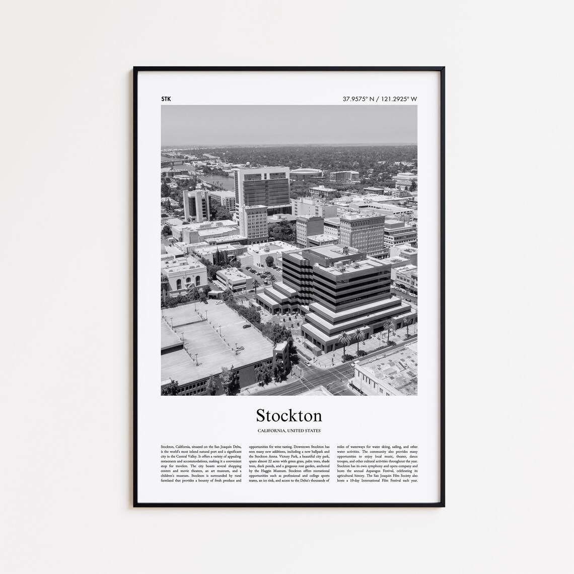 Stockton California Black and White Aerial Downtown Photo Poster