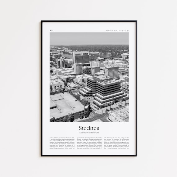 Stockton California Black and White Aerial Downtown Photo Poster