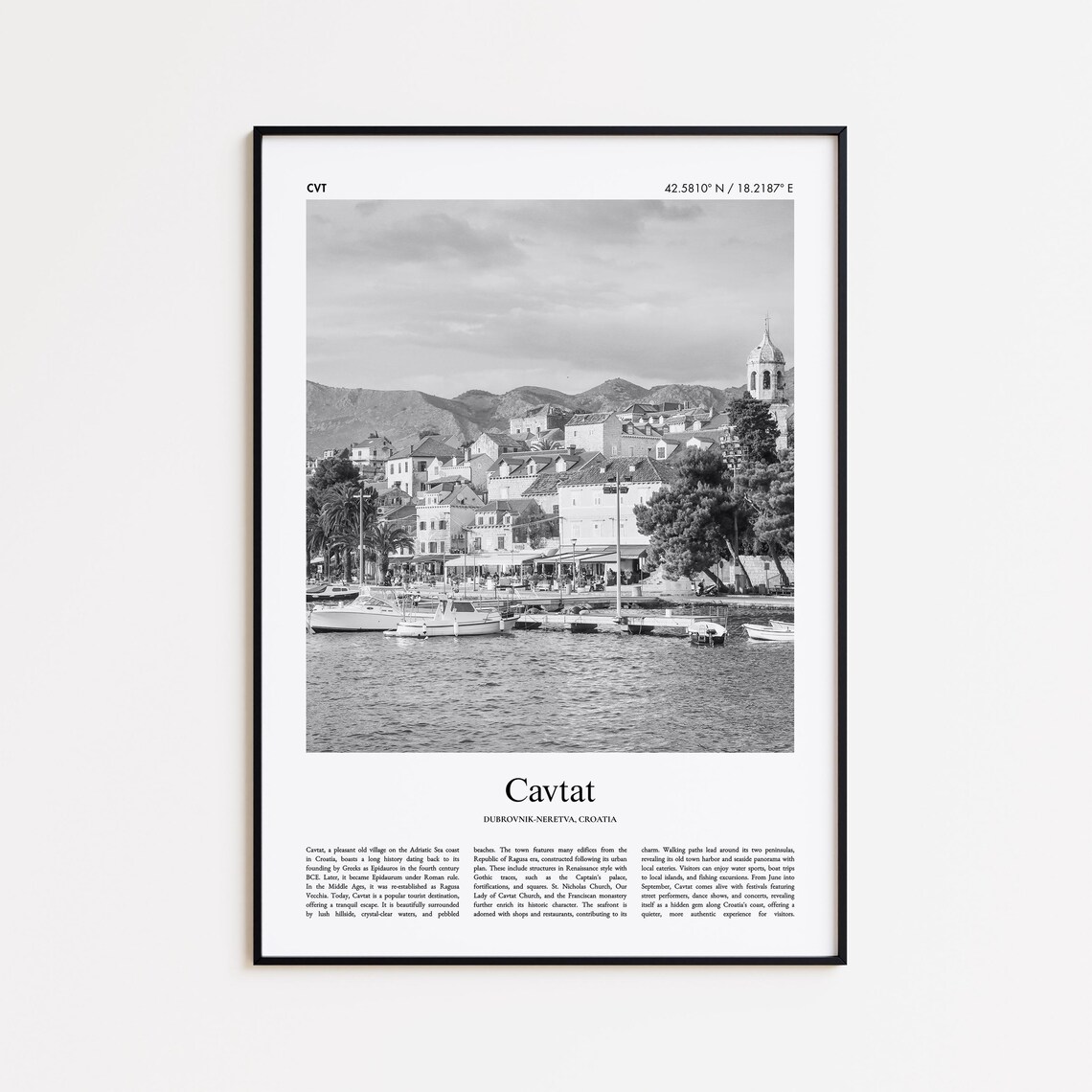 Cavtat Harbor Black And White Croatia Adriatic Coast Travel Poster