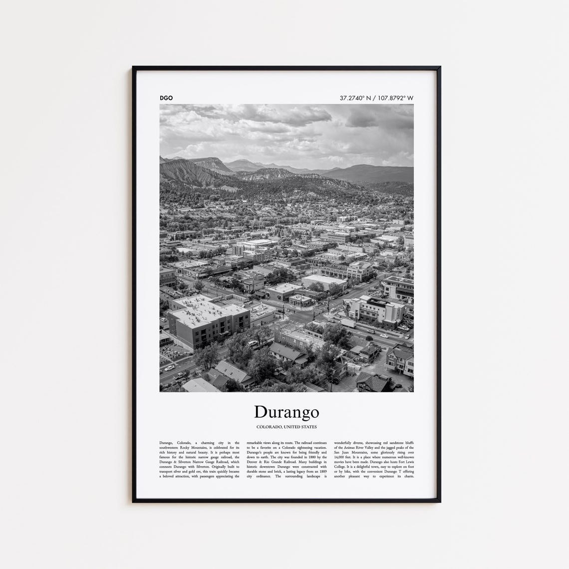 Durango Colorado Aerial Townscape Black and White Photo Poster