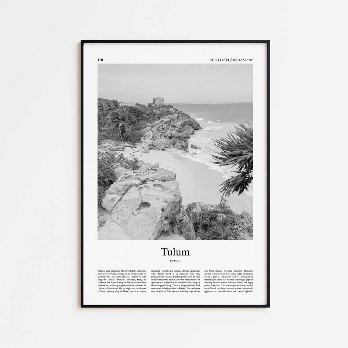 Tulum Mayan Ruins Cliffside Black and White Caribbean Photo Poster