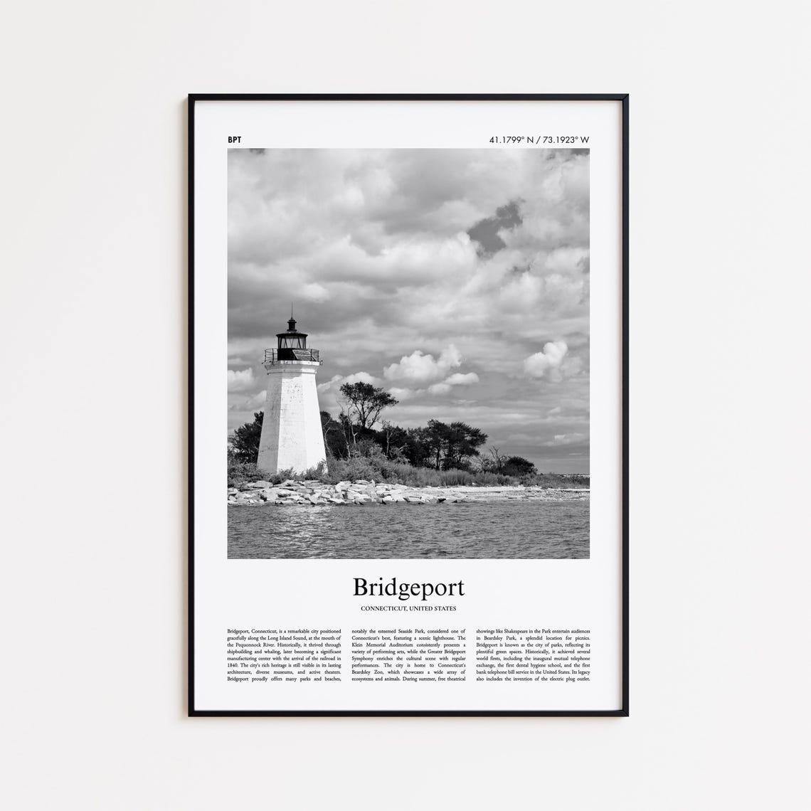 Bridgeport Connecticut Lighthouse Black and White Travel Poster