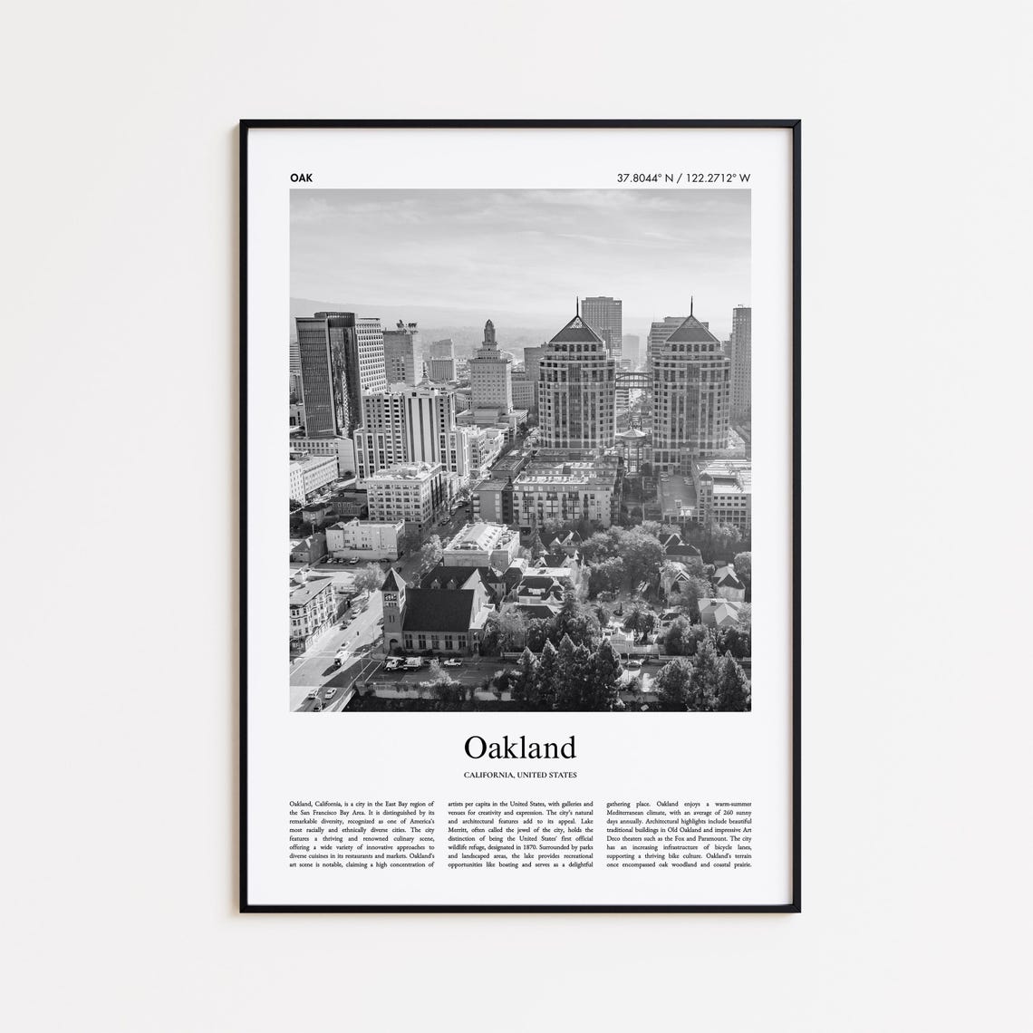 Oakland California Downtown Skyline Black And White Photo Poster