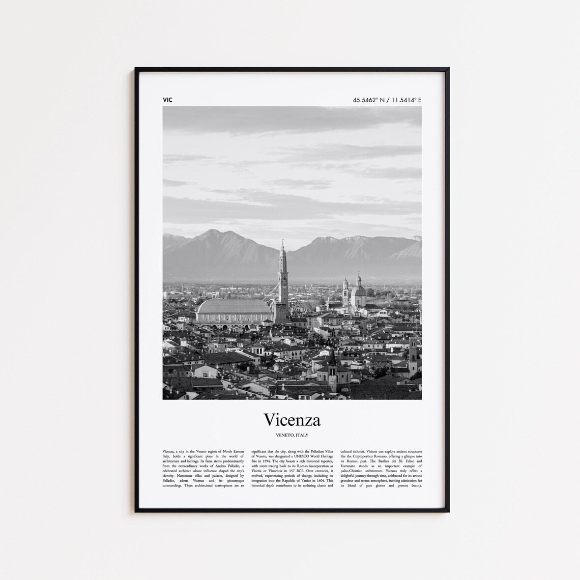 Vicenza Italy Black And White Panoramic Old Town Photo Poster