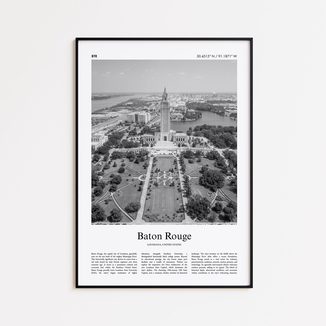 Baton Rouge State Capitol Black and White Photo Poster Louisiana