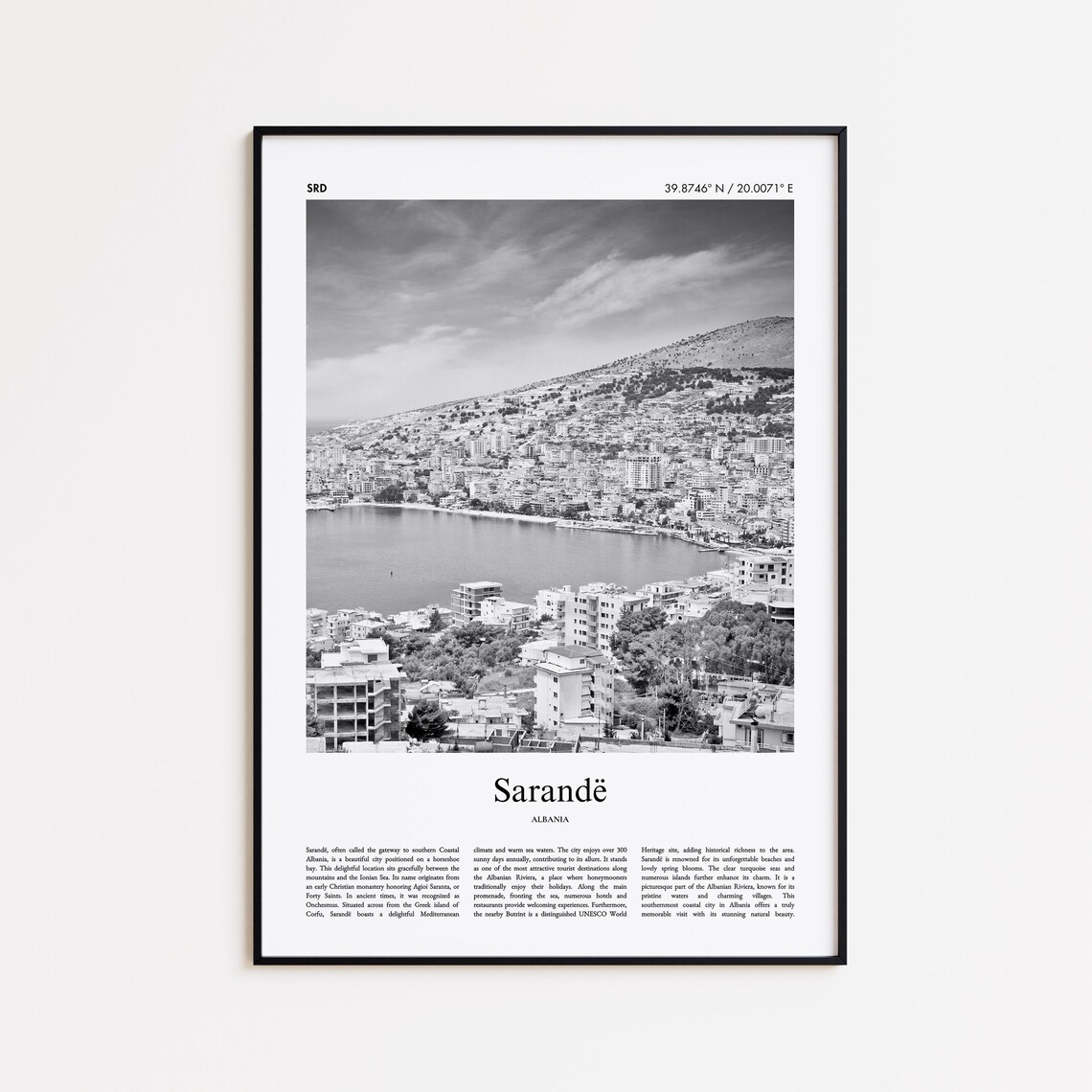 Sarandë Albania Black and White Photo Travel Poster with Coastal View
