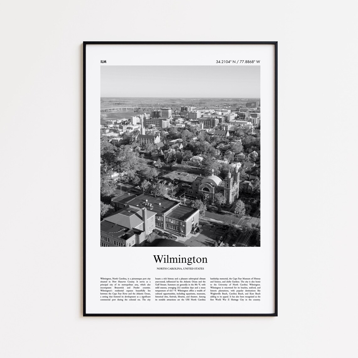 Wilmington North Carolina Aerial Black and White Travel Poster