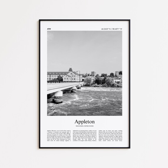 Appleton Wisconsin Riverfront Bridge Black And White Photo Poster