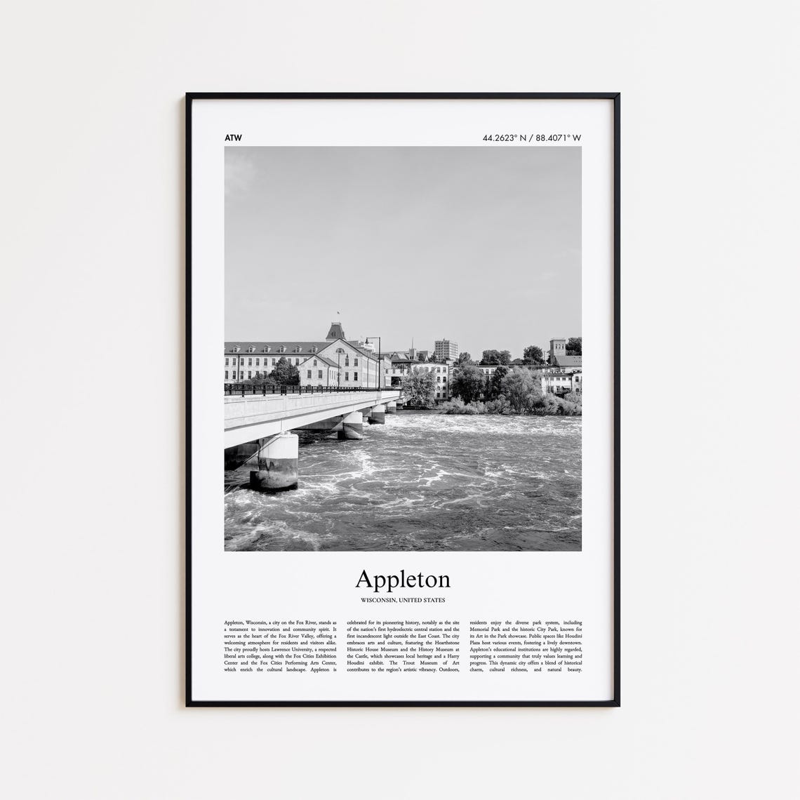 Appleton Wisconsin Riverfront Bridge Black And White Photo Poster