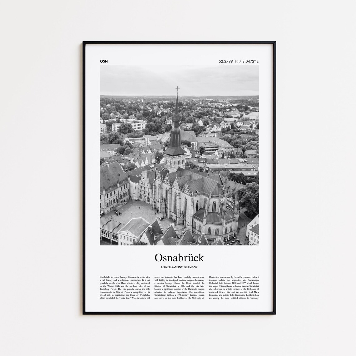 Osnabruck Germany Black and White Old Town Photo Travel Poster