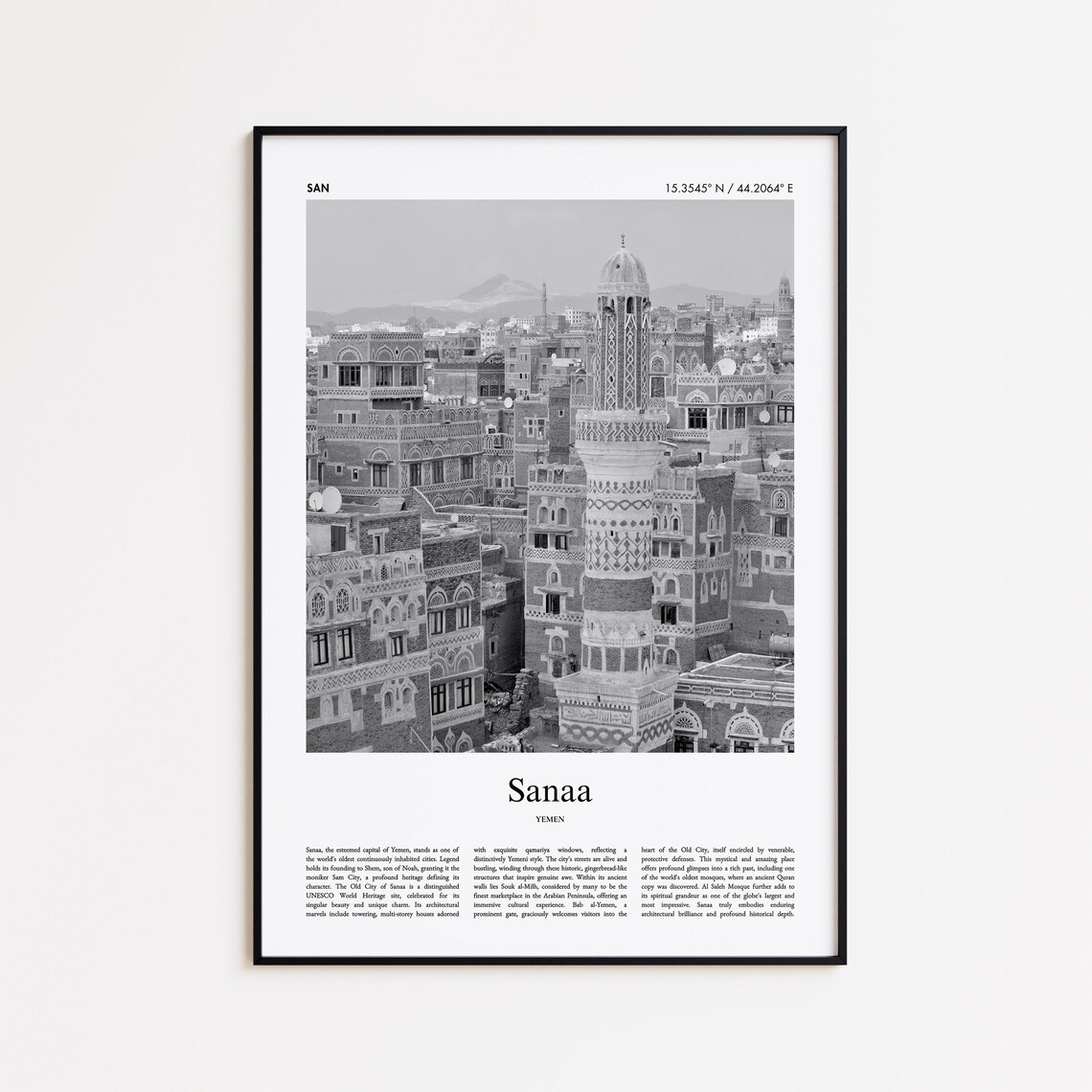 Sanaa Yemen Old City Tower Houses Black And White Photo Poster
