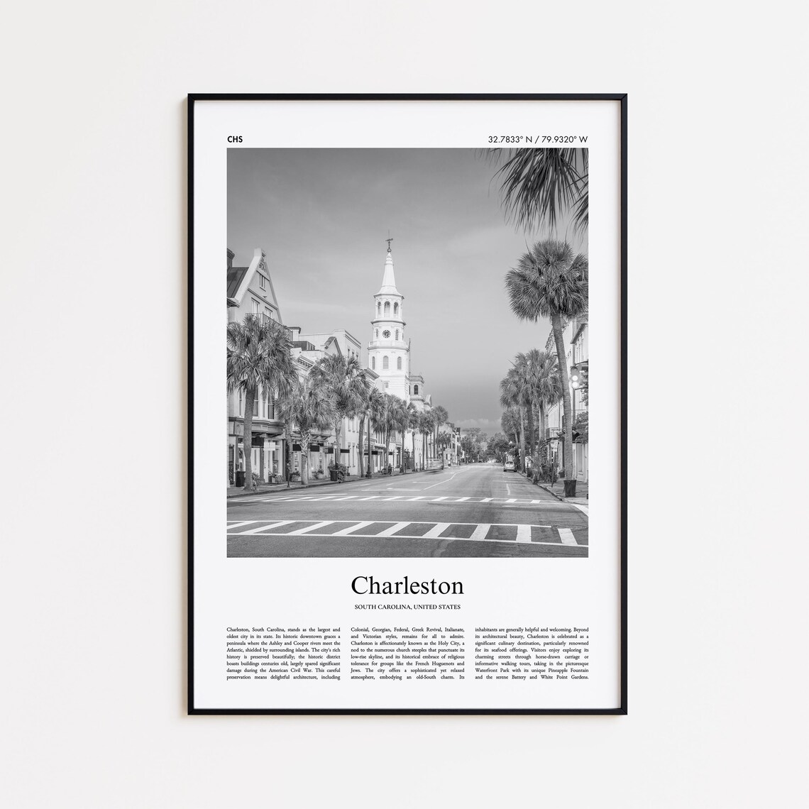 Charleston South Carolina Church Steeple Black and White Travel Poster