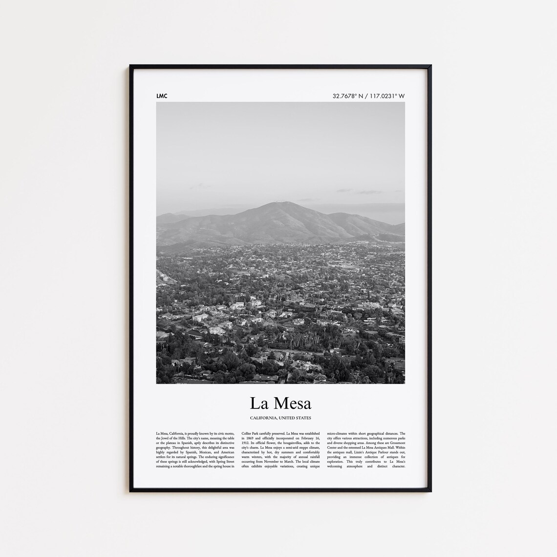 La Mesa California Black And White Hills Photo Travel Poster