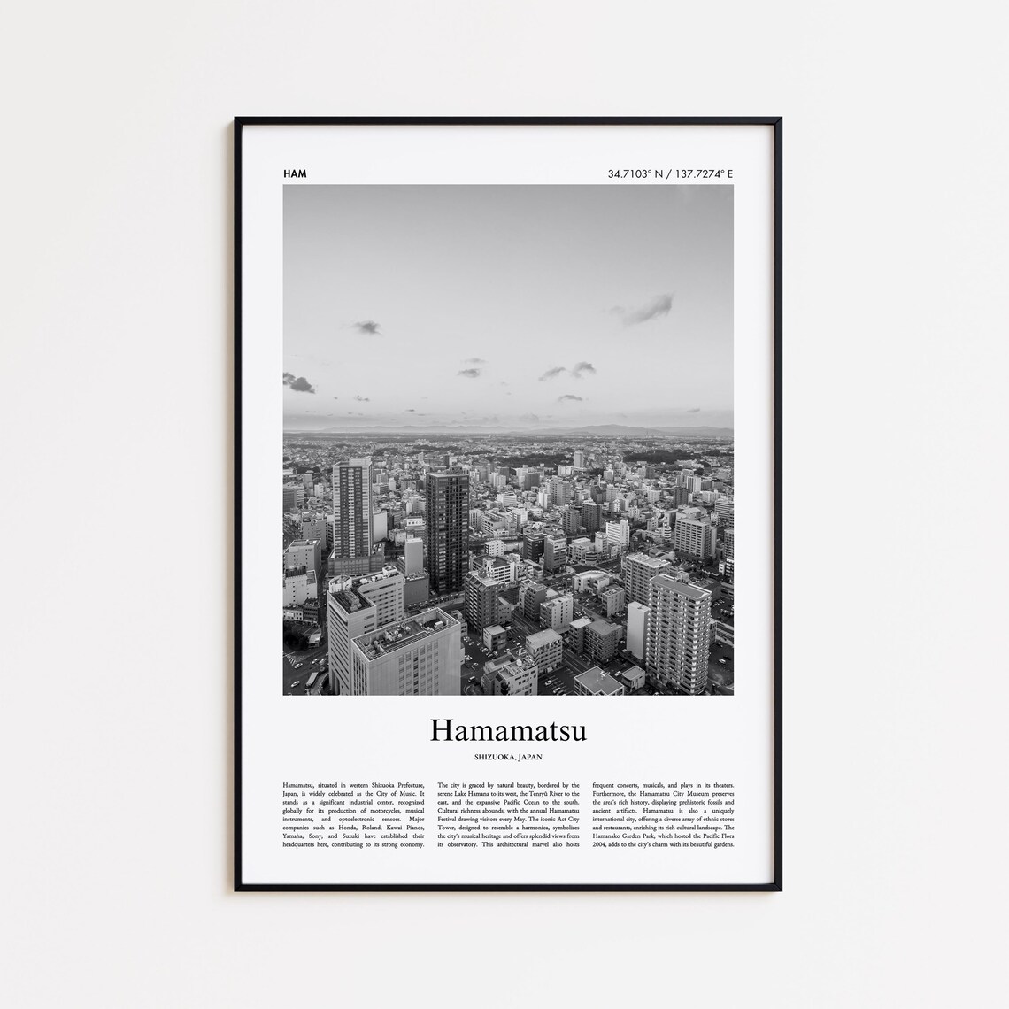Hamamatsu City Skyline Black And White Shizuoka Japan Travel Poster