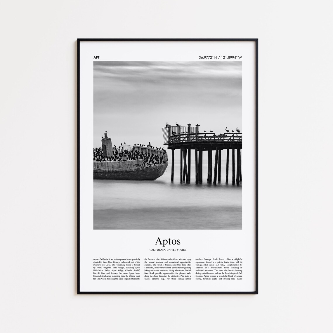 Aptos California Black And White Photo Poster Concrete Ship Pier View