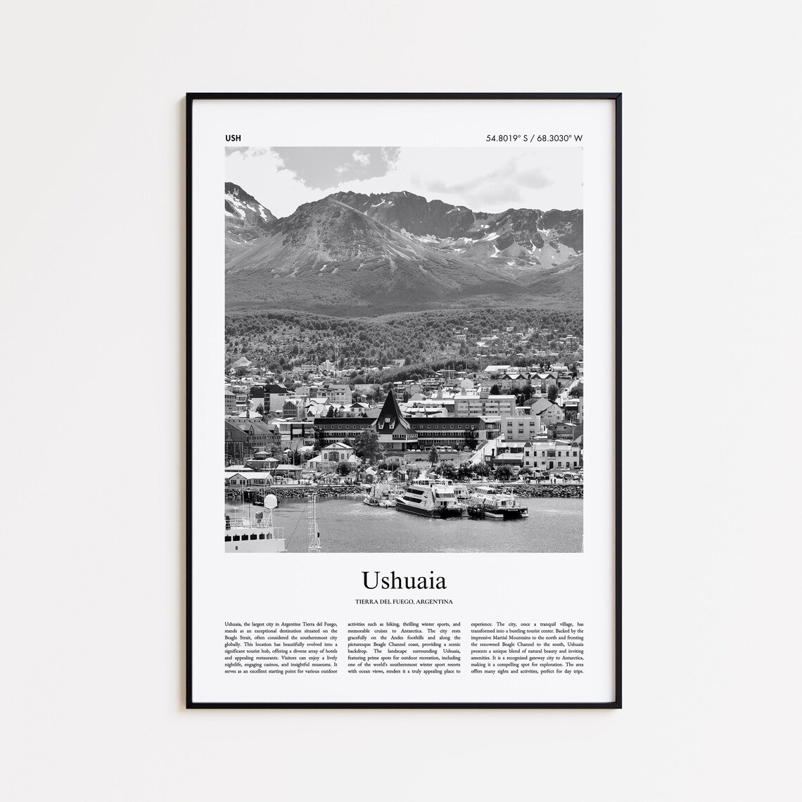 Ushuaia Argentina Black And White Harbor Mountain Photo Poster