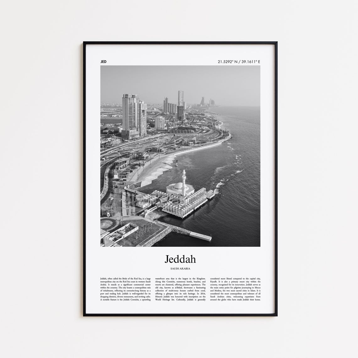 Jeddah Saudi Arabia Red Sea Corniche Black White Photo Poster