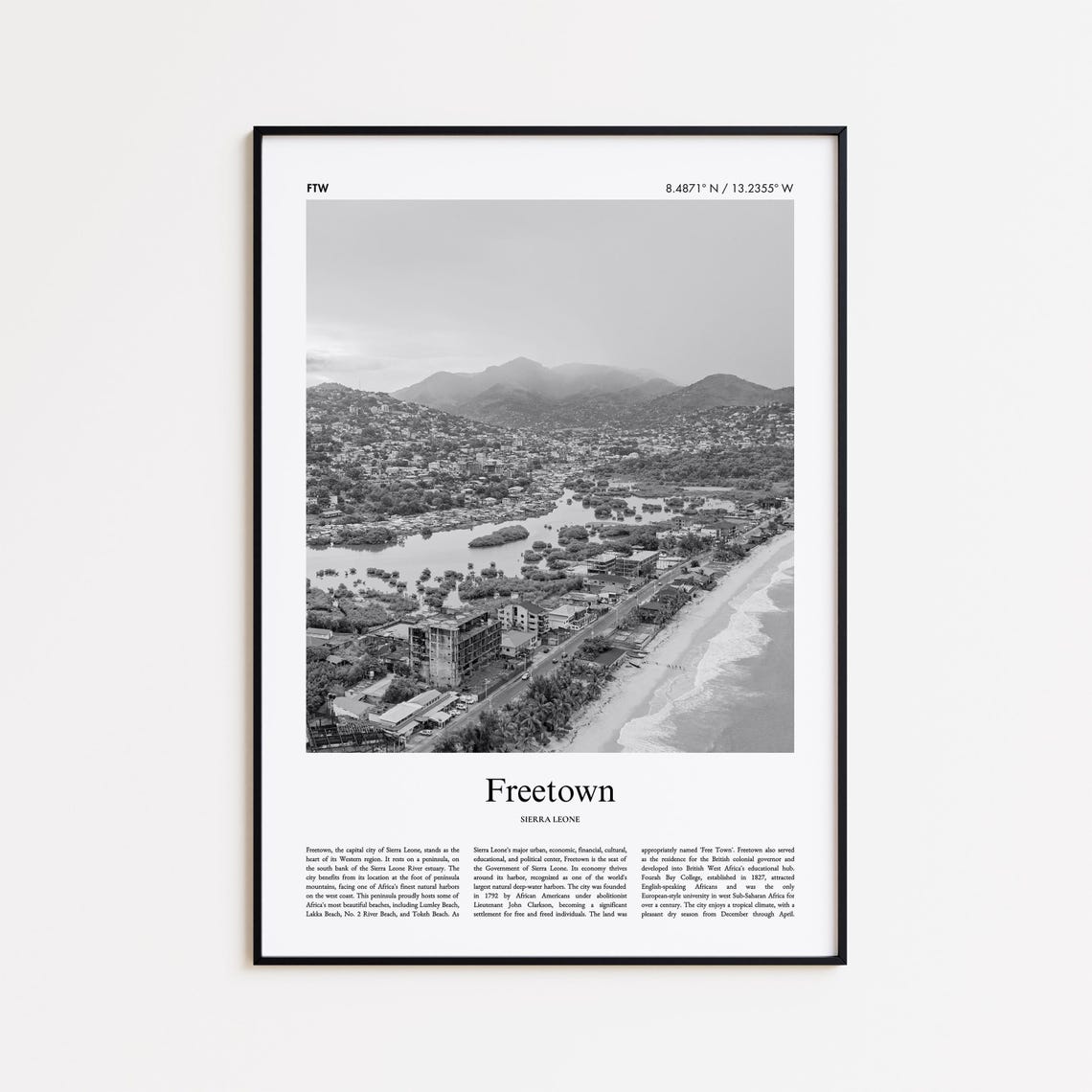 Freetown Sierra Leone Black And White Coastline Photo Poster