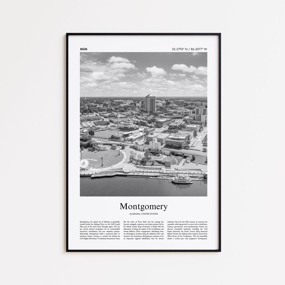 Montgomery Alabama Riverfront Aerial Black And White Travel Poster