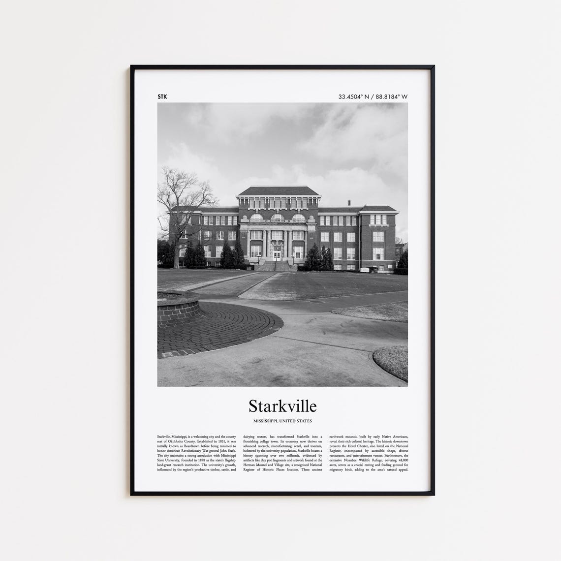 Starkville Black And White Print Photo Poster Travel Gift Mississippi United States Usa Wall Art