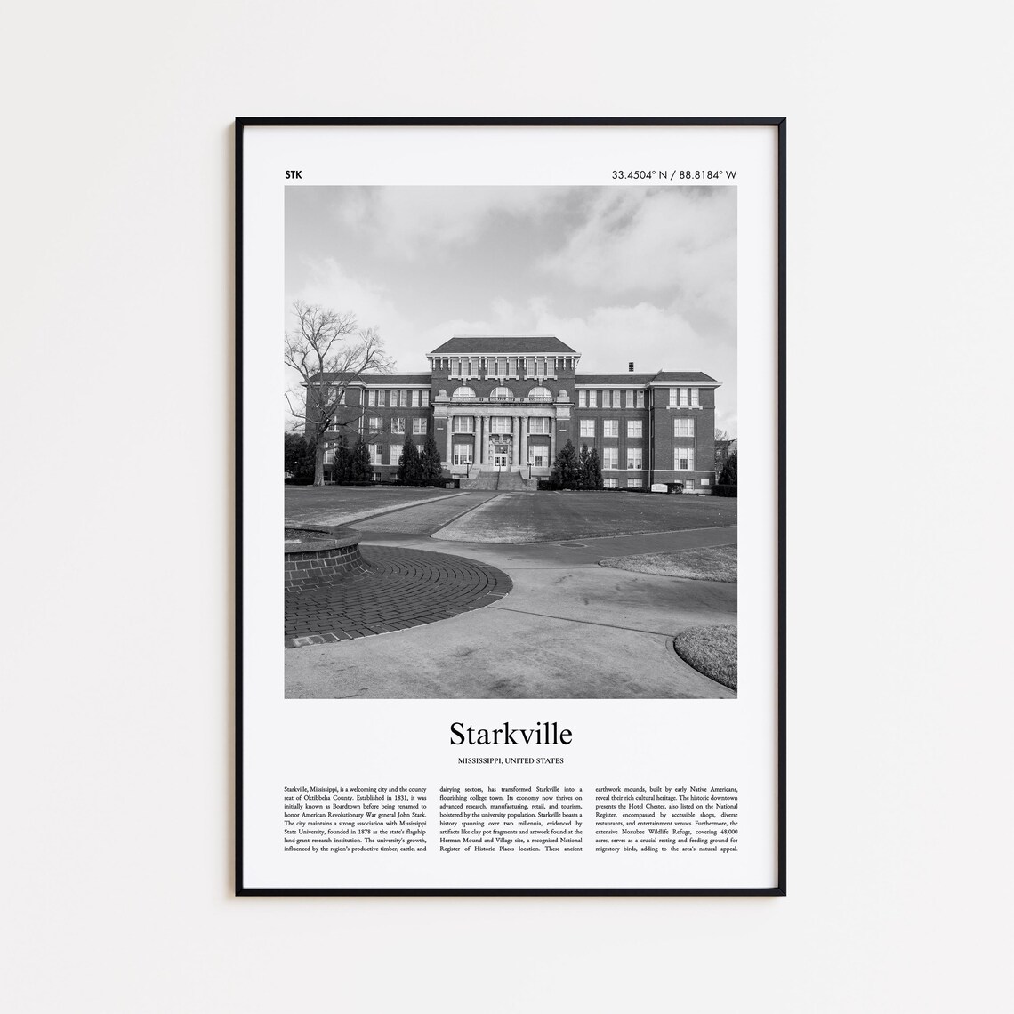 Starkville Mississippi Black and White University Hall Photo Poster