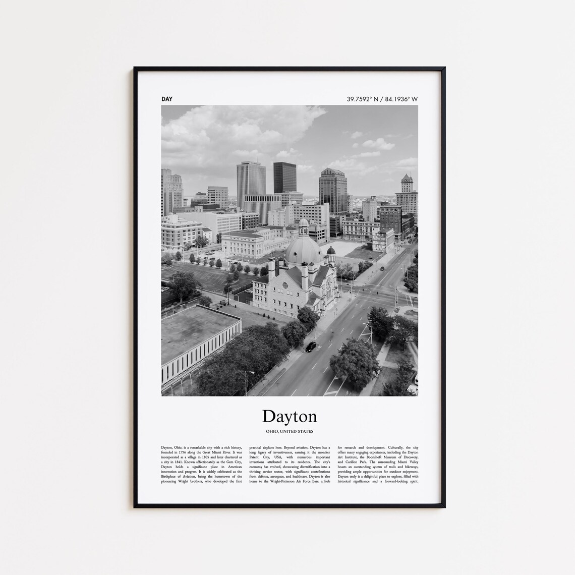 Dayton Ohio Downtown Skyline Aerial Black And White Travel Poster