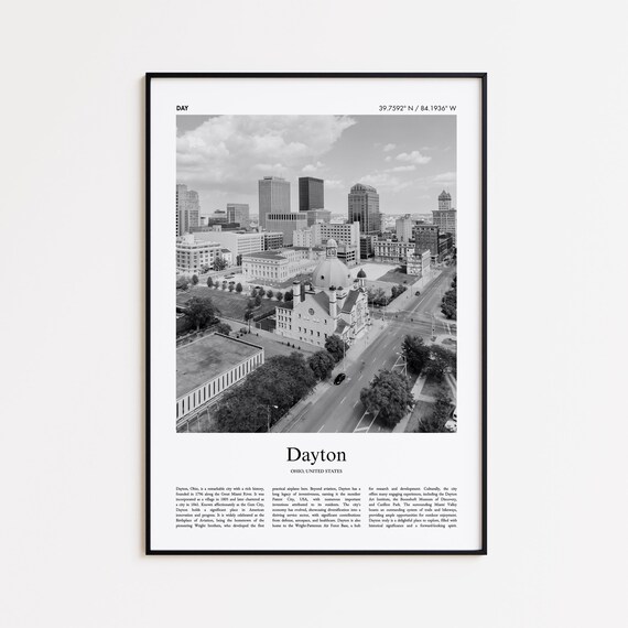 Dayton Ohio Downtown Skyline Aerial Black And White Travel Poster