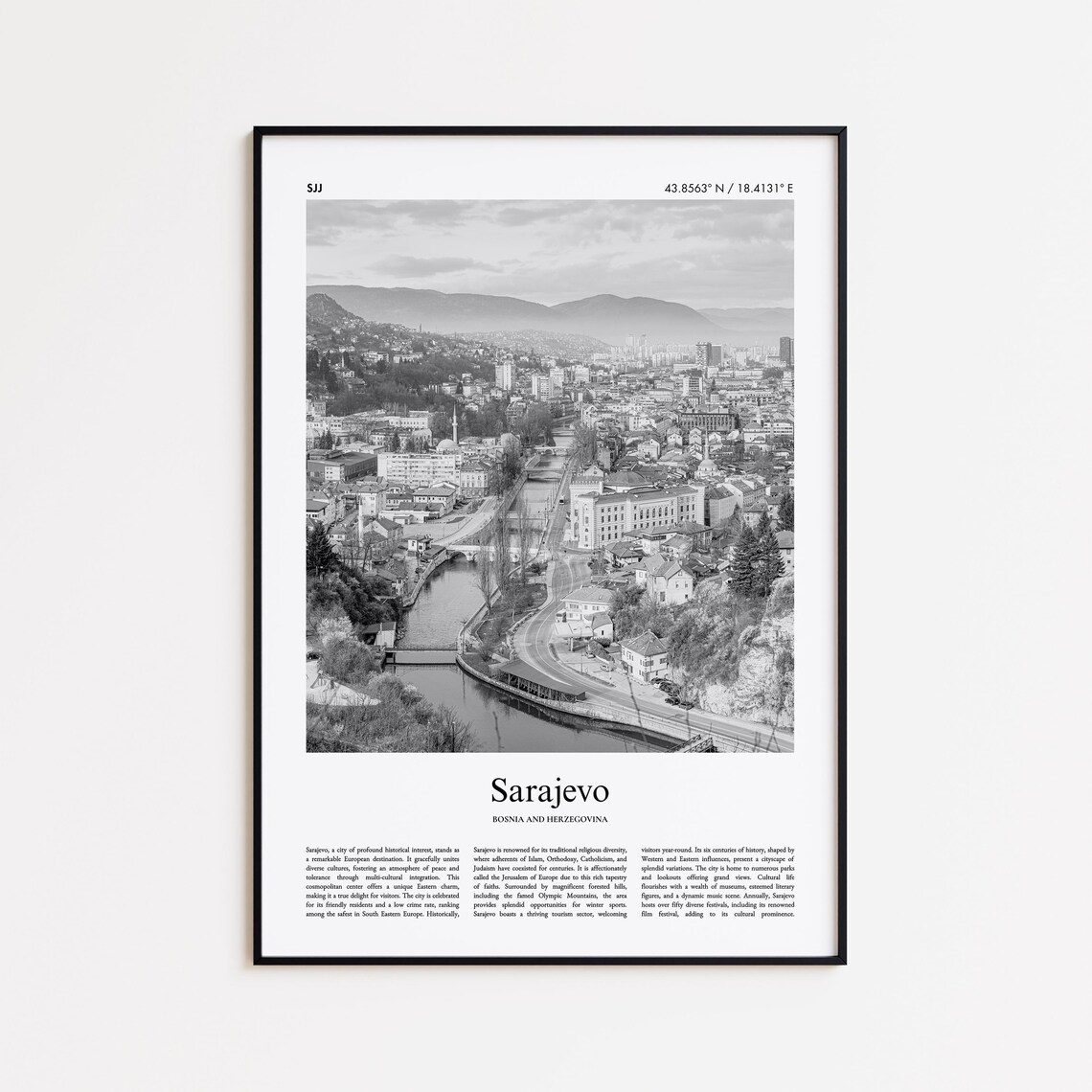 Sarajevo Bosnia Black And White River City Aerial Photo Art Poster