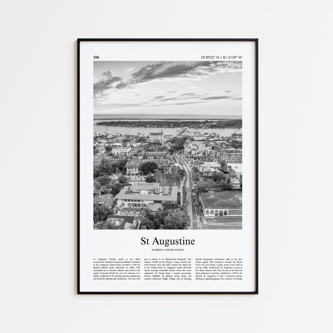 St Augustine Florida Aerial Cityscape Black and White Photo Poster