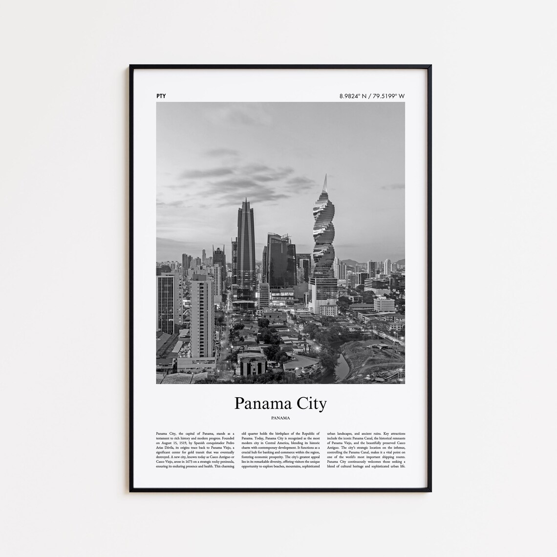 Panama City Panama Black and White Skyline F&F Tower Travel Poster