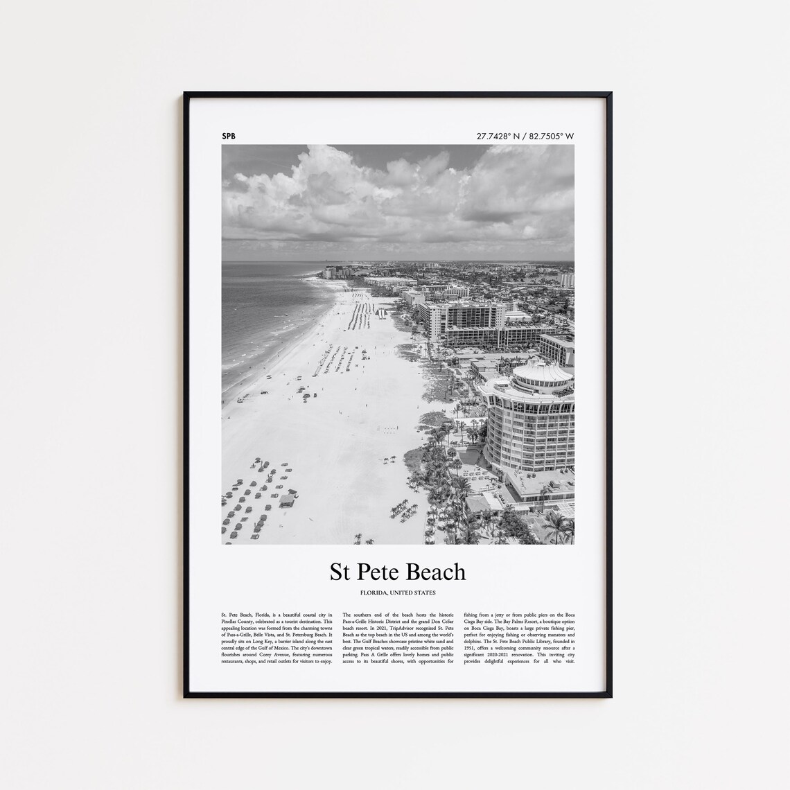St Pete Beach Florida Black and White Aerial Beach Photo Poster